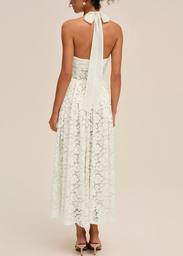 Fashion Yellow Hanging Neck Backless Lace Strapless Dress