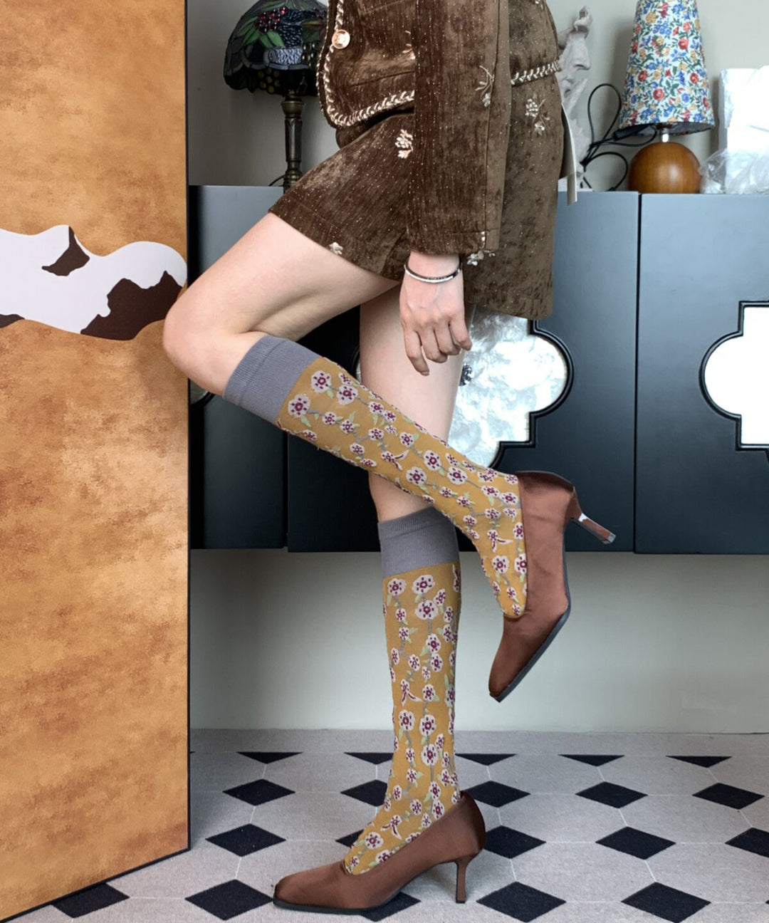Fashion Yellow Jacquard Cotton Over The Calf Socks