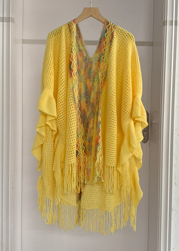 Fashion Yellow Low High Design Tassel Knit Shawl Batwing Sleeve