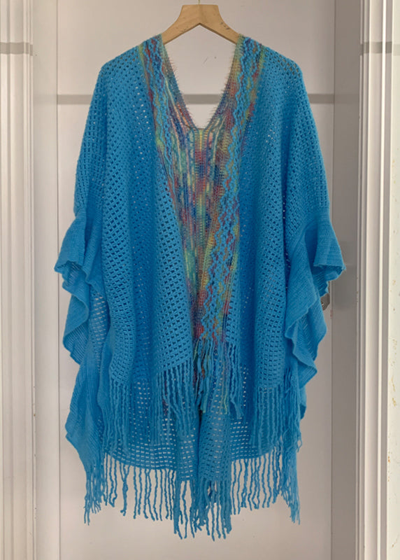 Fashion Yellow Low High Design Tassel Knit Shawl Batwing Sleeve