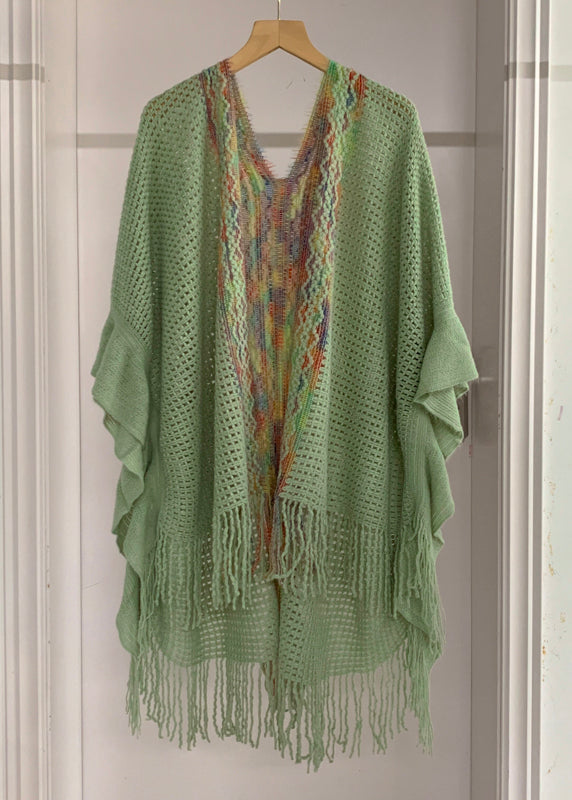 Fashion Yellow Low High Design Tassel Knit Shawl Batwing Sleeve
