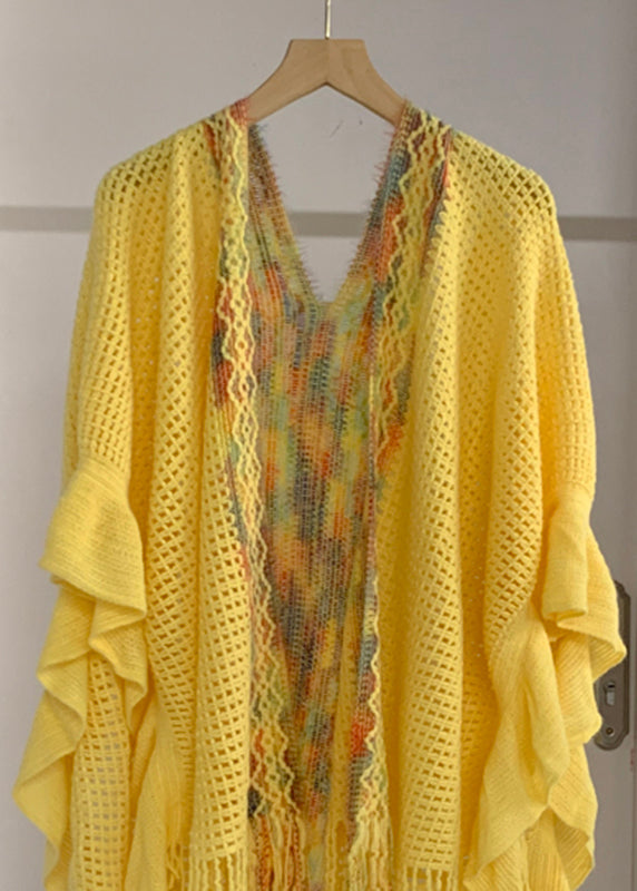 Fashion Yellow Low High Design Tassel Knit Shawl Batwing Sleeve