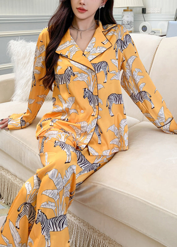 Fashion Yellow Notched Print Shirts And Pants Two Pieces Set Spring