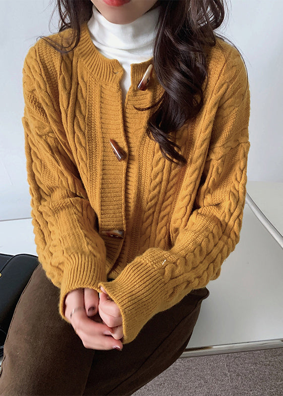 Fashion Yellow O Neck Button Cable Knit Cardigans Spring