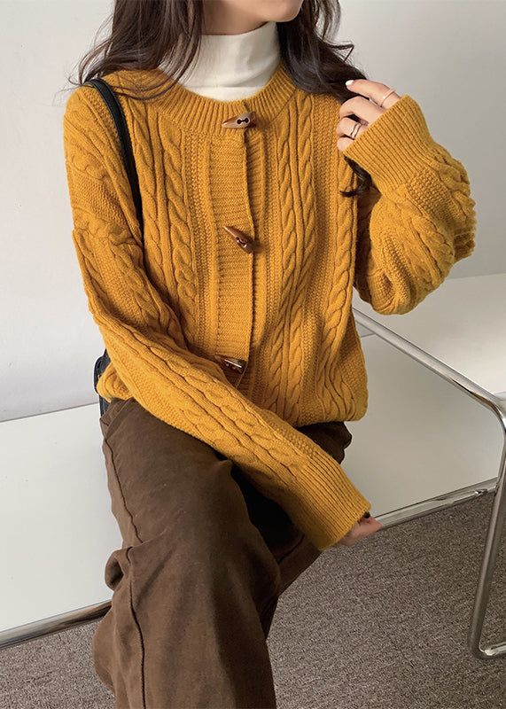 Fashion Yellow O Neck Button Cable Knit Cardigans Spring