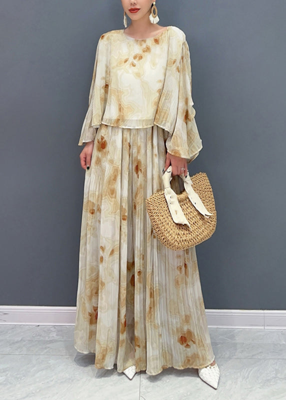 Fashion Yellow Print Chiffon Top And Maxi Skirts Two Pieces Set Flare Sleeve