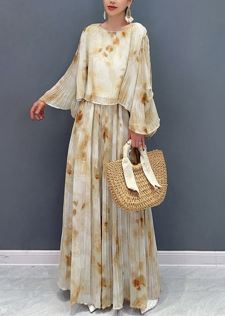 Fashion Yellow Print Chiffon Top And Maxi Skirts Two Pieces Set Flare Sleeve