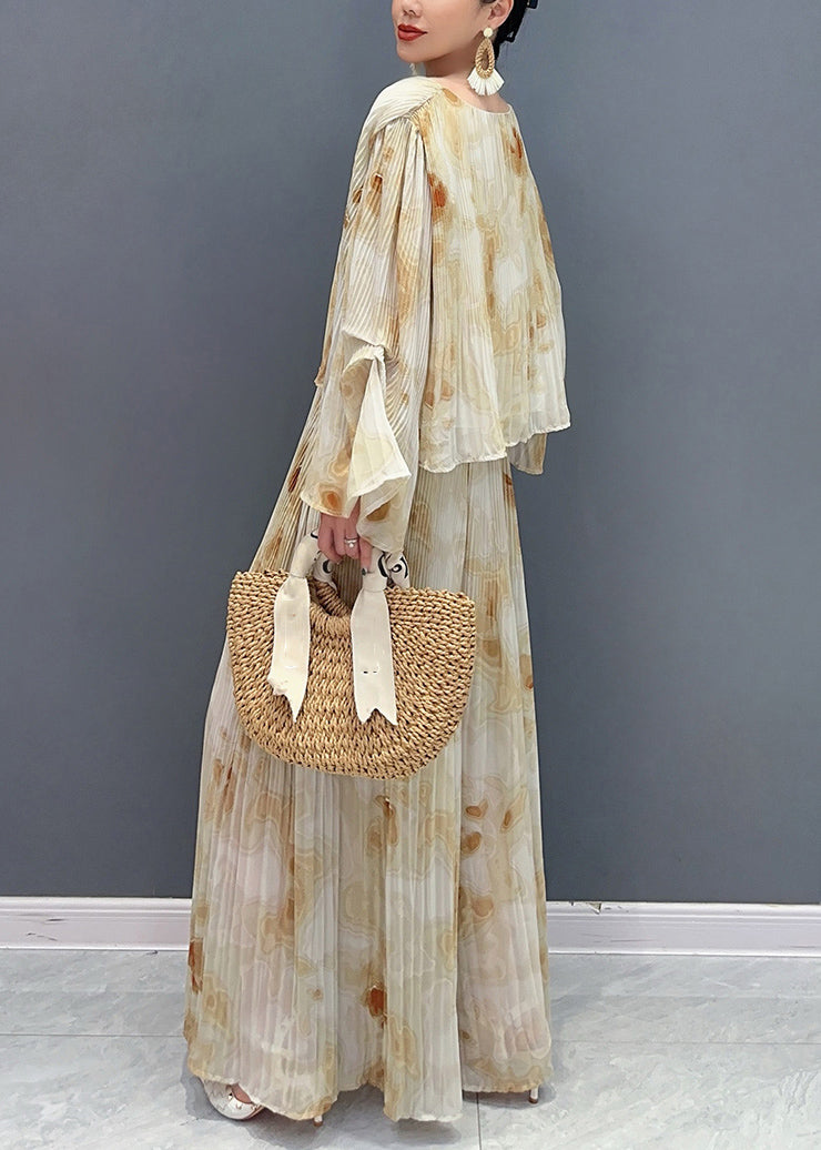 Fashion Yellow Print Chiffon Top And Maxi Skirts Two Pieces Set Flare Sleeve