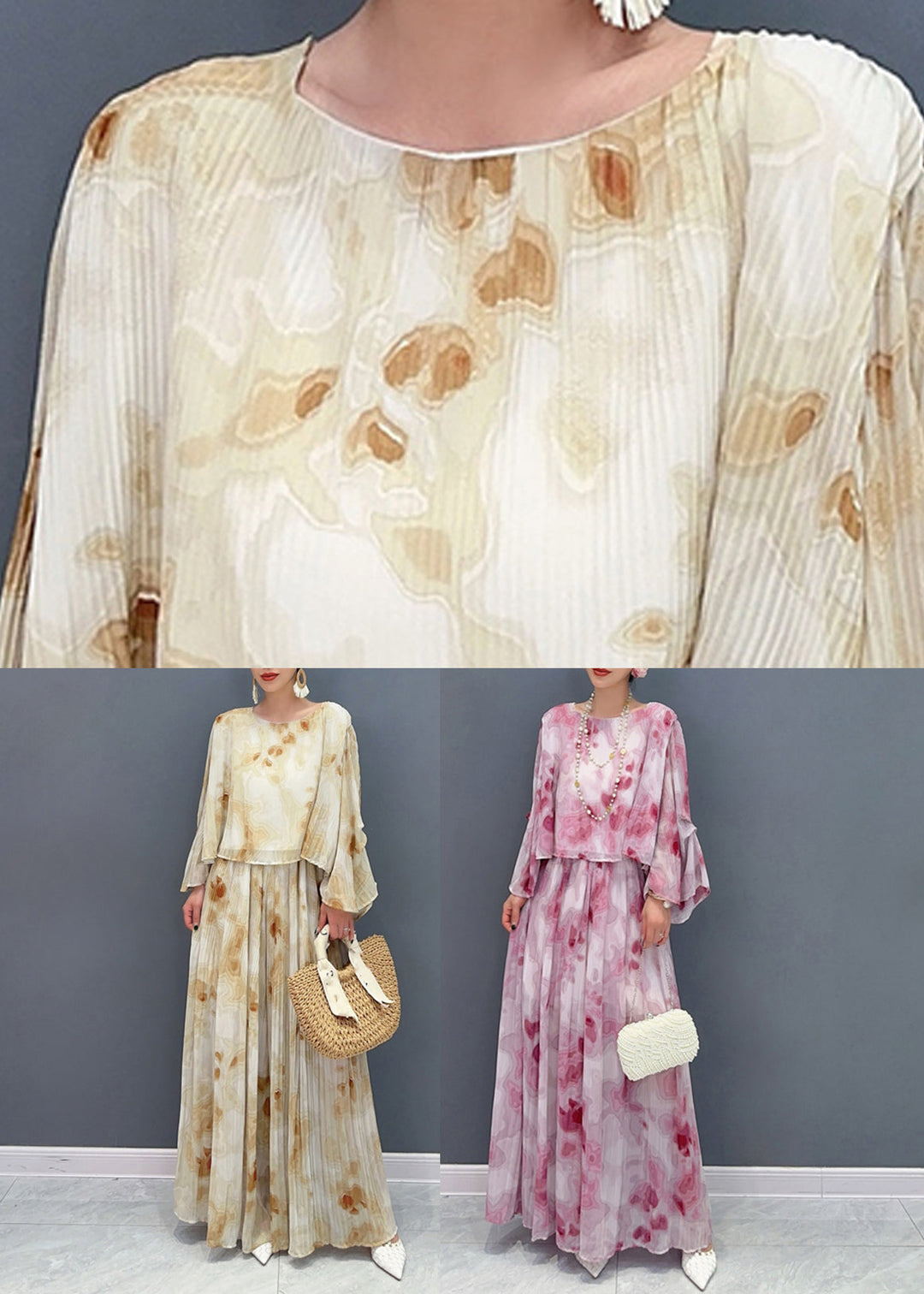 Fashion Yellow Print Chiffon Top And Maxi Skirts Two Pieces Set Flare Sleeve