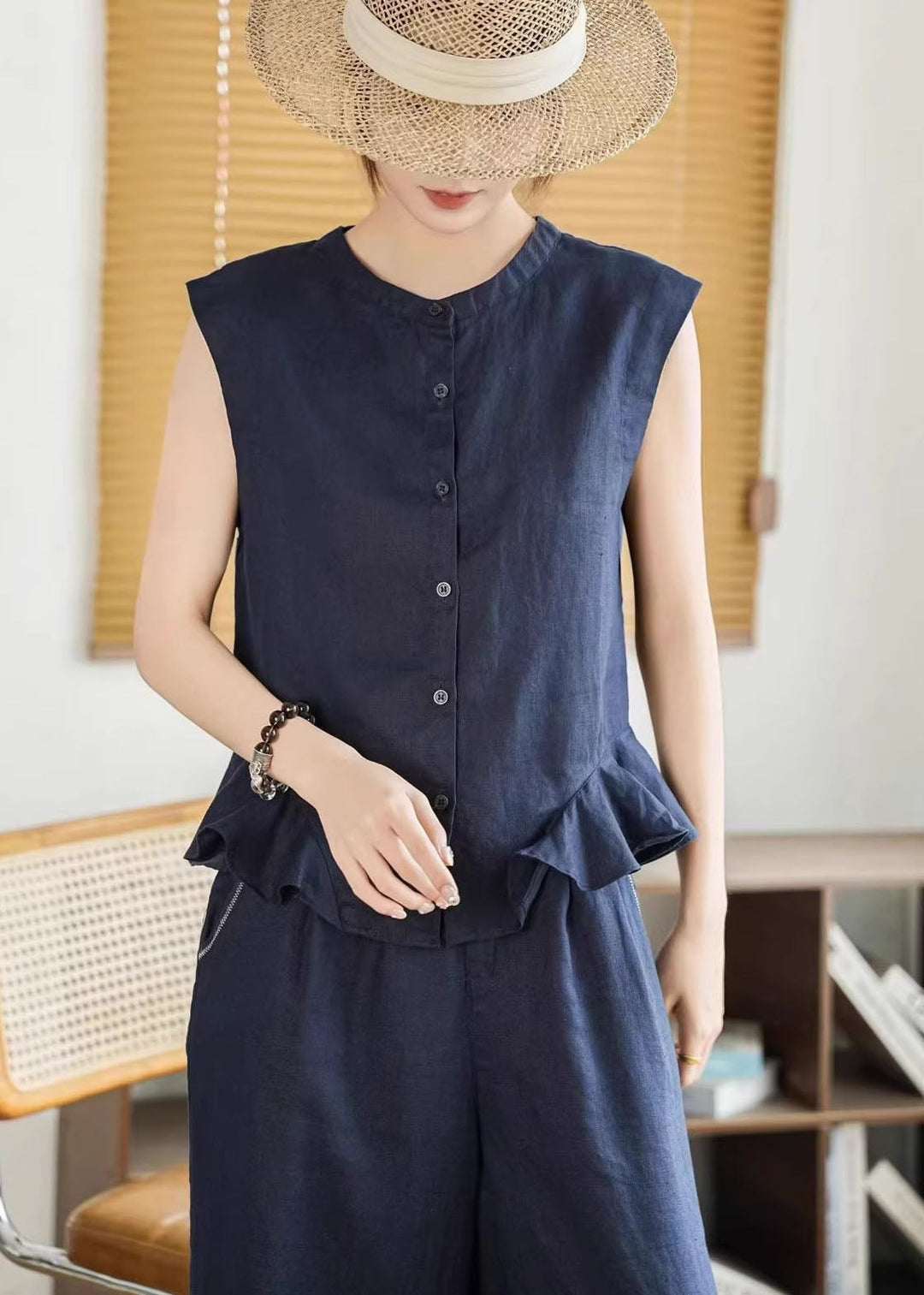 Fashion Yellow Ruffled Button Linen Shirt Tops Sleeveless