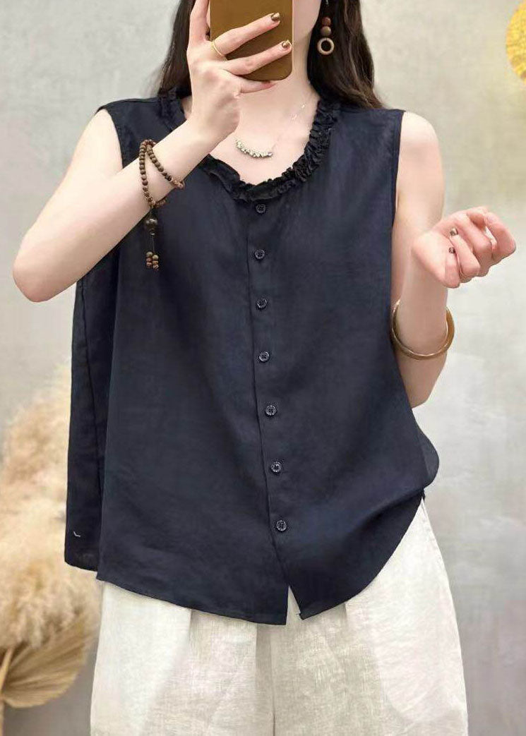 Fashion Yellow Ruffled Button Patchwork Linen Top Sleeveless
