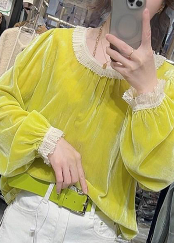 Fashion Yellow Ruffled Nail Bead Silk Velour Shirt Fall