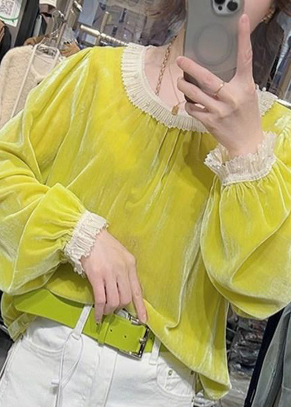 Fashion Yellow Ruffled Nail Bead Silk Velour Shirt Fall