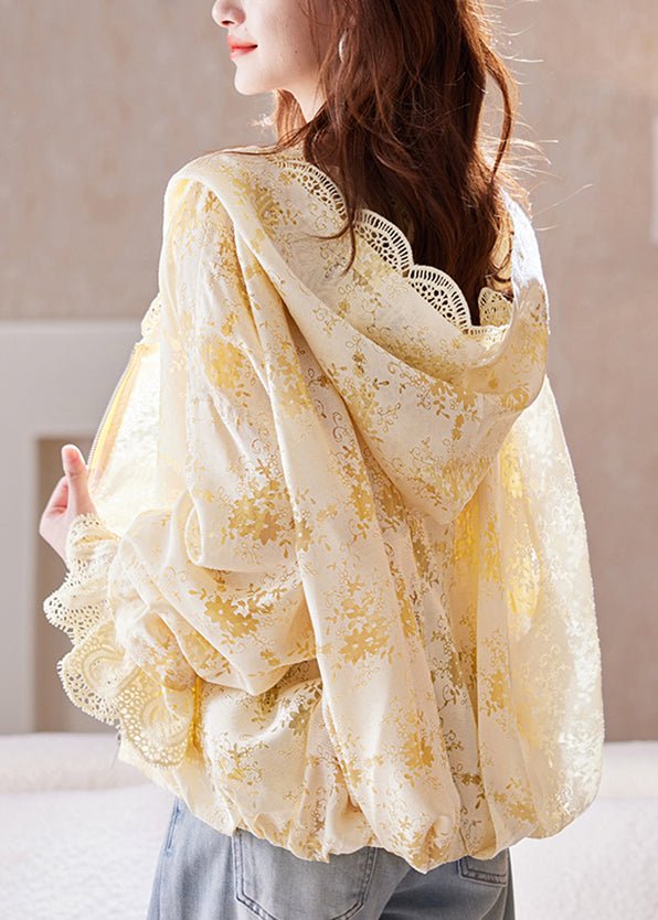 Fashion Yellow Zip Up Lace Hoodie Coat Batwing Sleeve