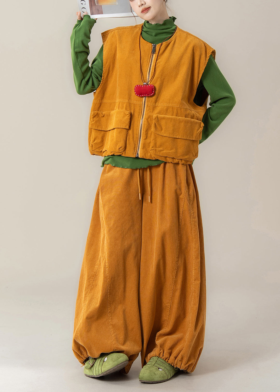 Fashion Yellow Zip Up Pockets Corduroy Women Sets 3 Pieces Winter