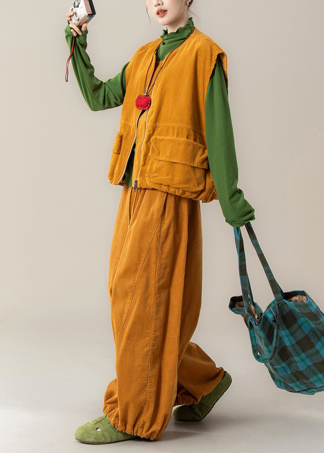 Fashion Yellow Zip Up Pockets Corduroy Women Sets 3 Pieces Winter