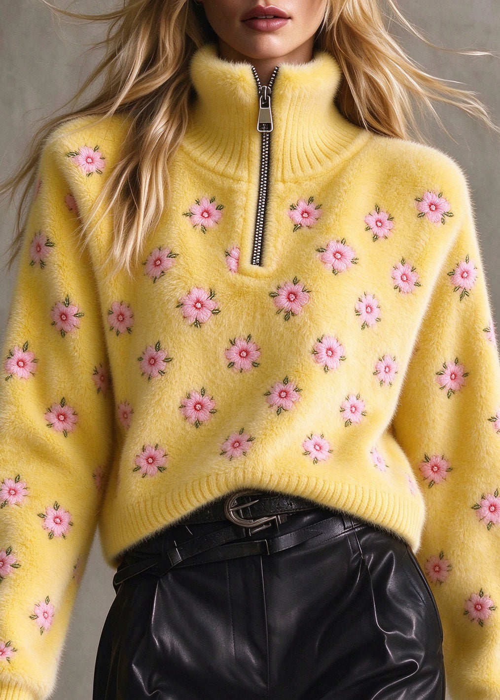 Fashion Yellow Zip Up Thick Floral Knit Sweater Fall