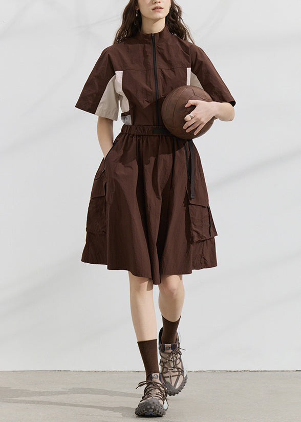 Fashion Zip Up Patchwork Tops And Skirts Cotton Two Pieces Set Summer