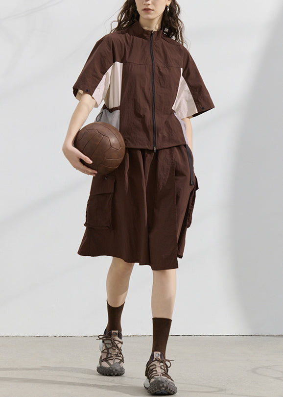 Fashion Zip Up Patchwork Tops And Skirts Cotton Two Pieces Set Summer