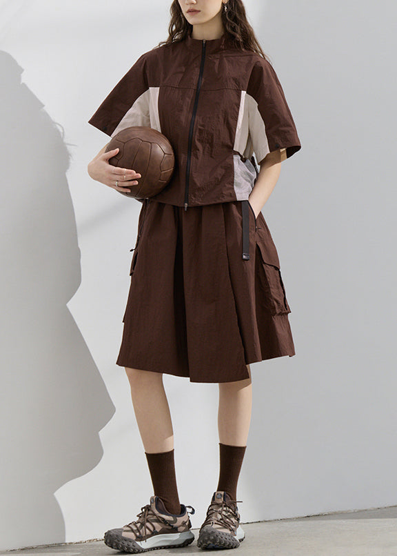 Fashion Zip Up Patchwork Tops And Skirts Cotton Two Pieces Set Summer