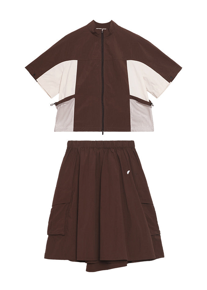 Fashion Zip Up Patchwork Tops And Skirts Cotton Two Pieces Set Summer