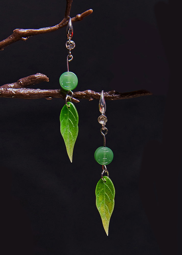 Fashion Zircon Green Leaf Acrylic Drop Earrings - Omychic