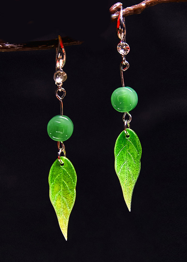 Fashion Zircon Green Leaf Acrylic Drop Earrings - Omychic