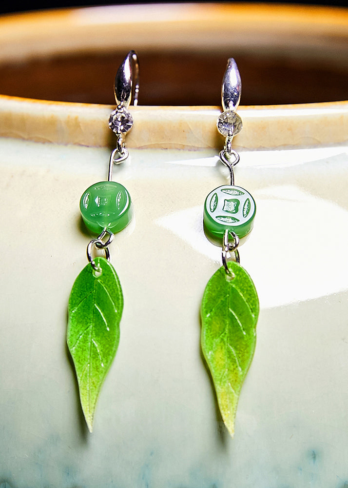 Fashion Zircon Green Leaf Acrylic Drop Earrings - Omychic