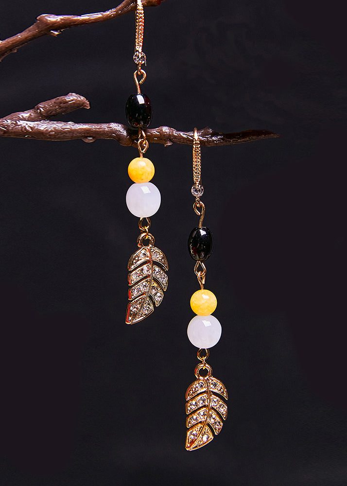 Fashion Zircon Leaf 14K Gold Drop Earrings