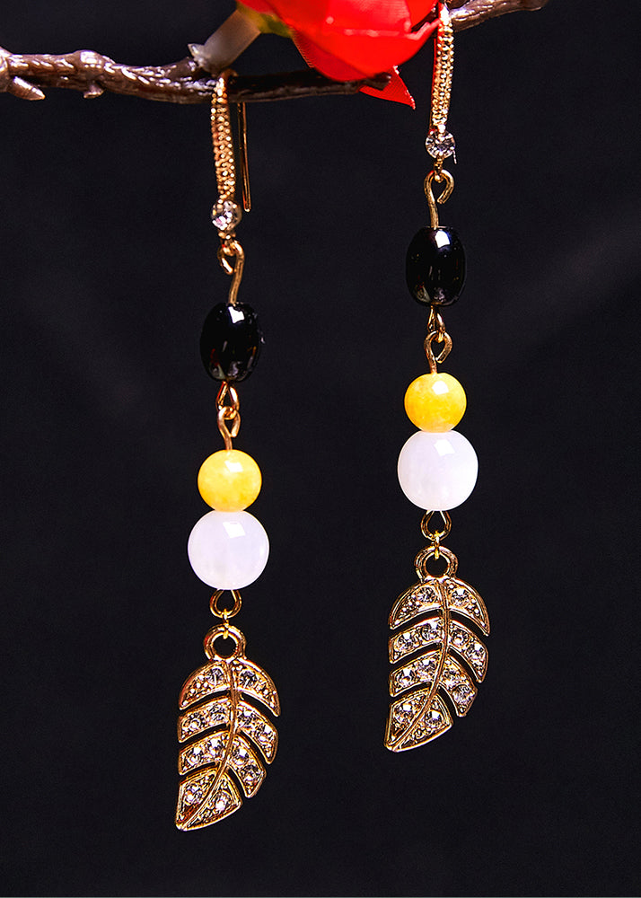 Fashion Zircon Leaf 14K Gold Drop Earrings