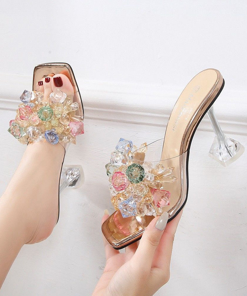Fashion Zircon Splicing High Heels Gold Slide Sandals