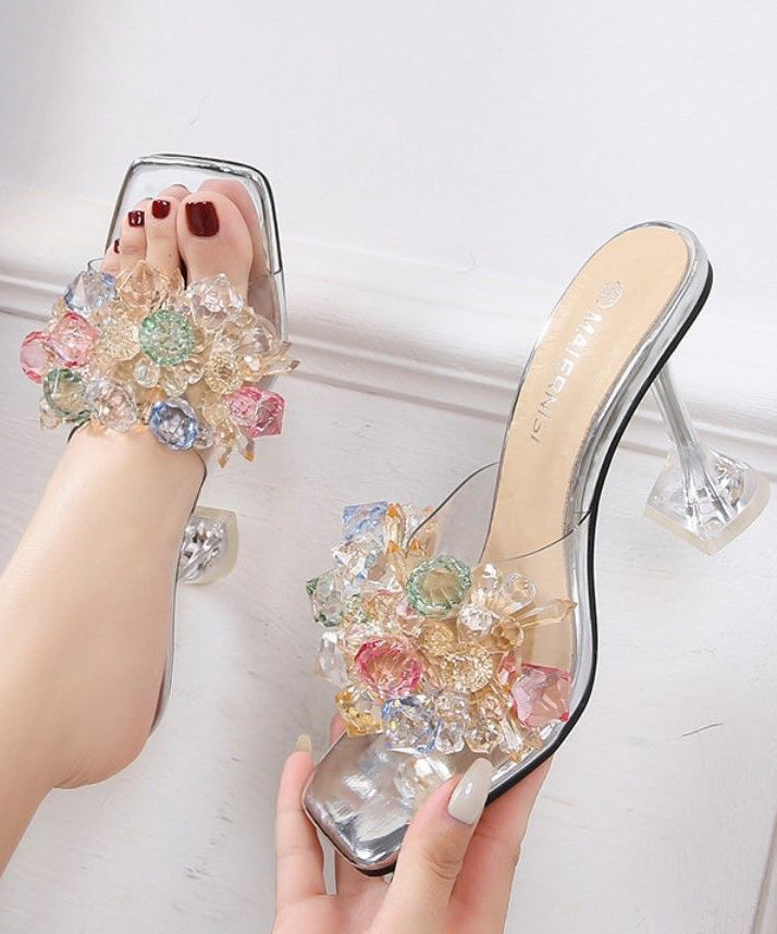 Fashion Zircon Splicing High Heels Gold Slide Sandals