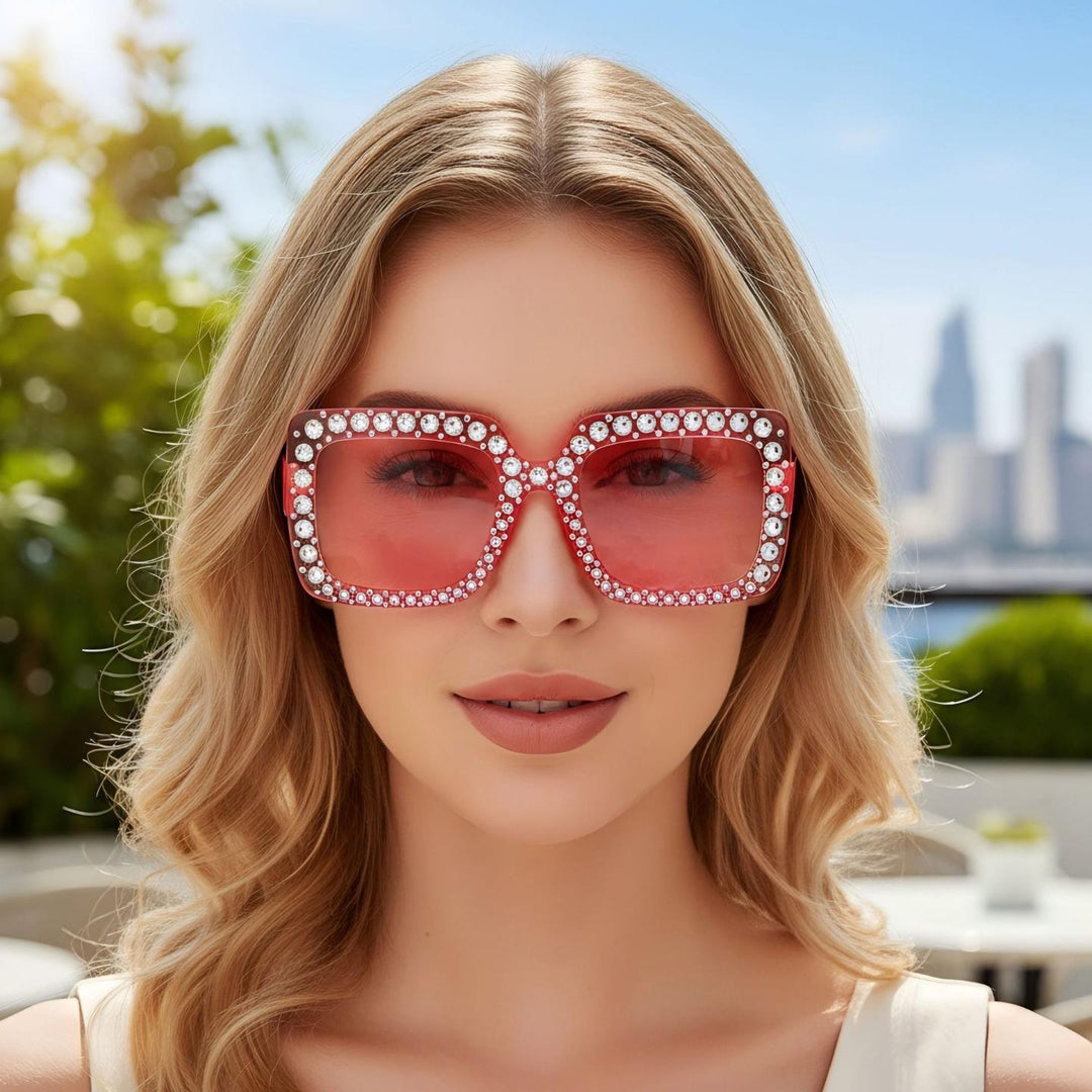 Fashionable Brown Large Frame Versatile Zircon Studded Sunglasses