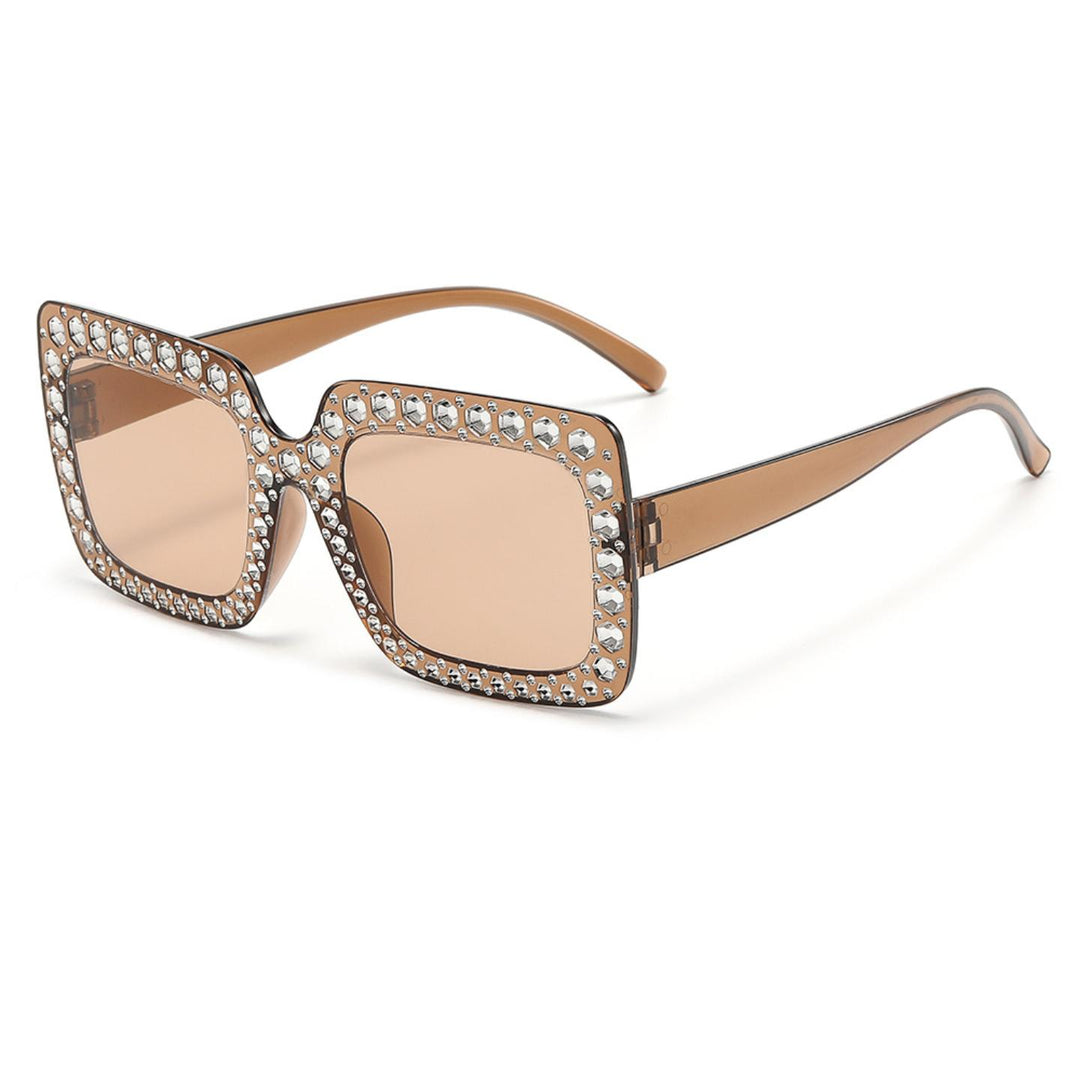 Fashionable Brown Large Frame Versatile Zircon Studded Sunglasses