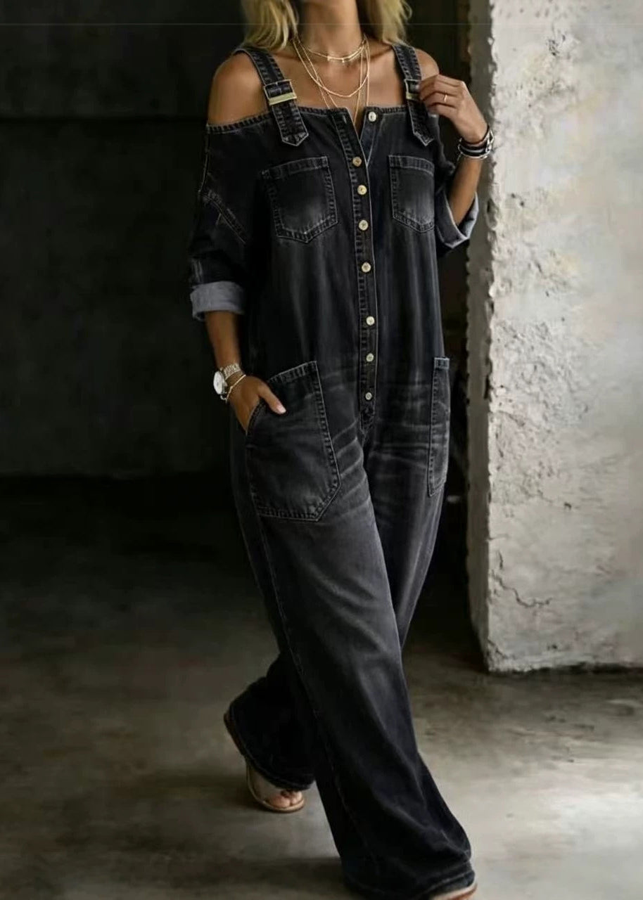 Fashionable Sexy Navy Shoulder Strap Pocket Denim Wide Leg Jumpsuit