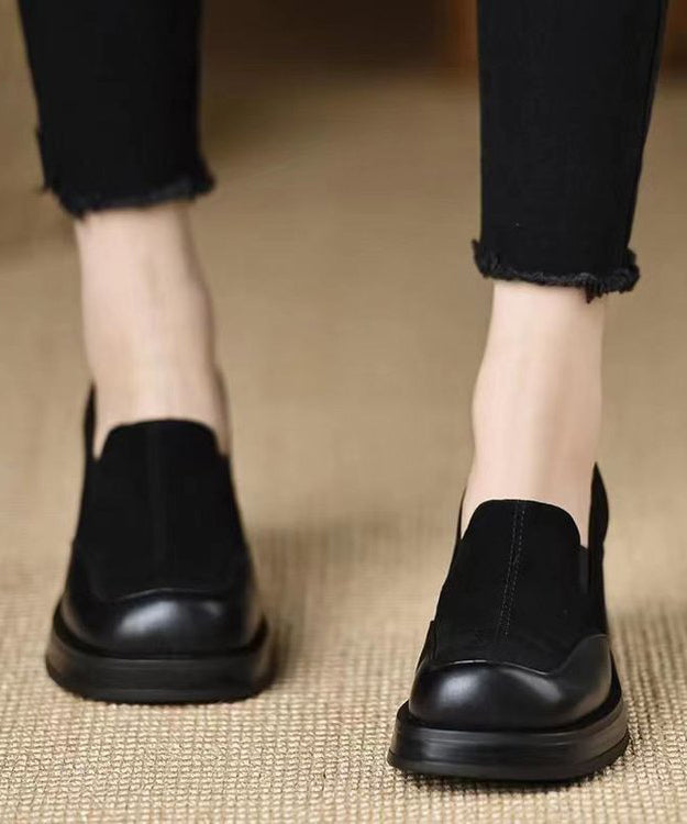 Cowhide Splicing Stylish Leather Women Loafers For Black main image 0