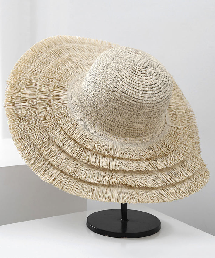 Female Summer Beige Tassel Big Edge Straw Woven Sunshade Hat