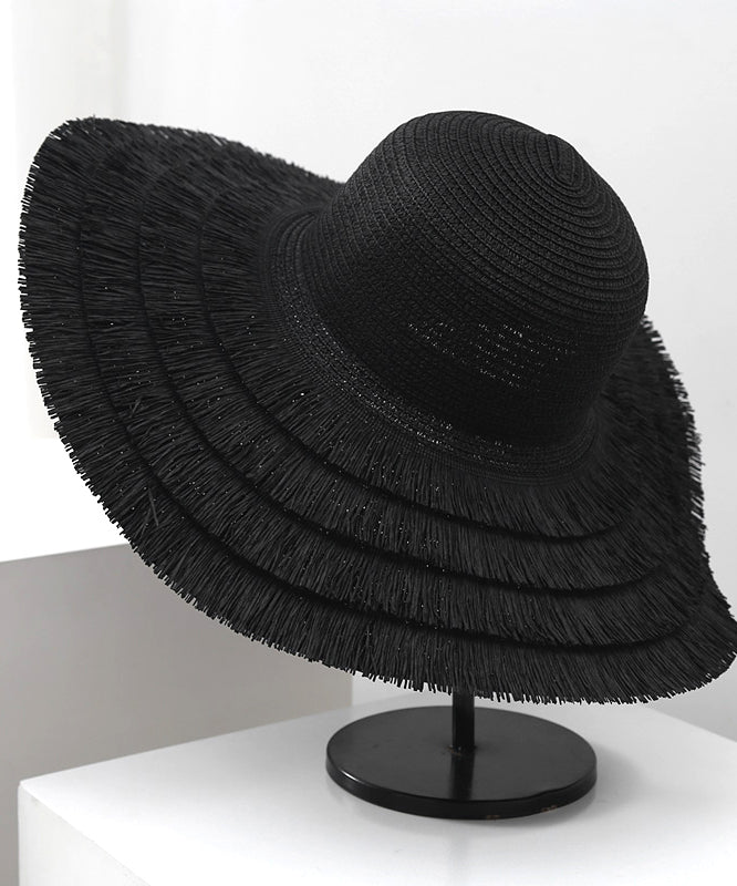 Female Summer Beige Tassel Big Edge Straw Woven Sunshade Hat