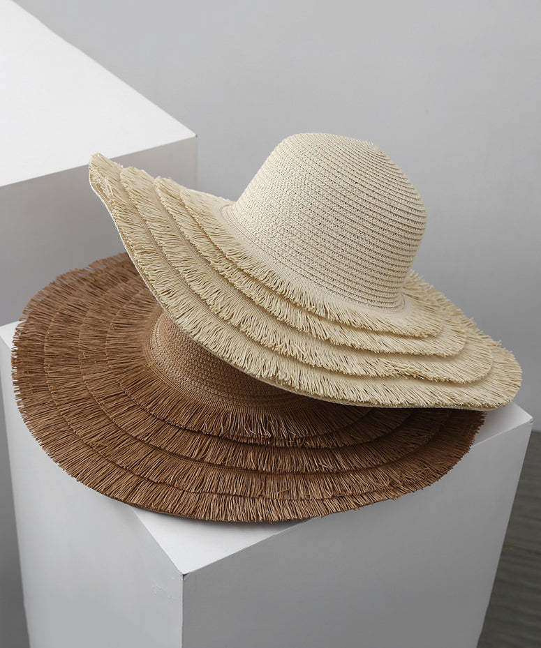 Female Summer Beige Tassel Big Edge Straw Woven Sunshade Hat
