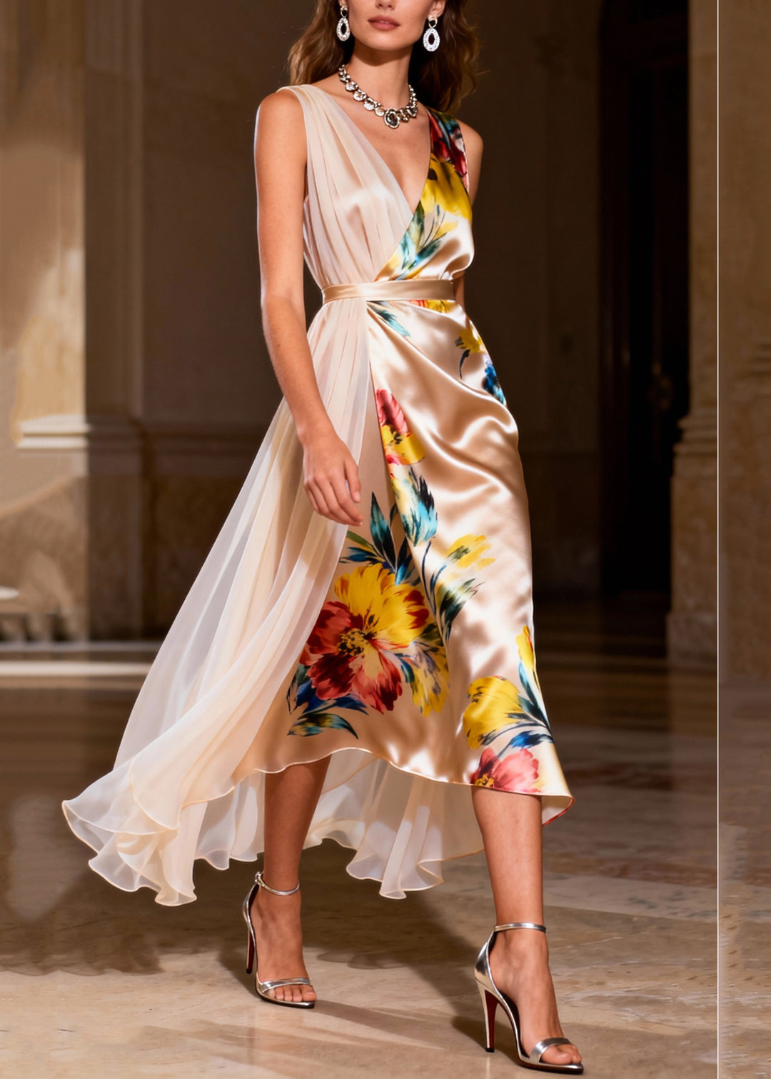 Fine Apricot Asymmetrical Patchwork Tulle Silk Vestidos Dresses Summer