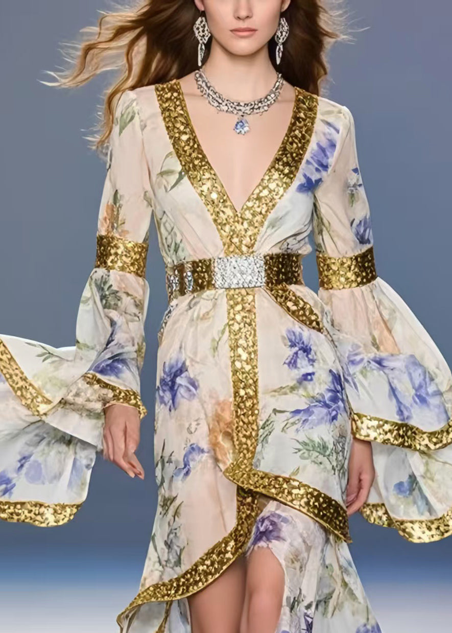 Fine Apricot Print Asymmetrical Design Chiffon Tunic Dresses Flare Sleeve