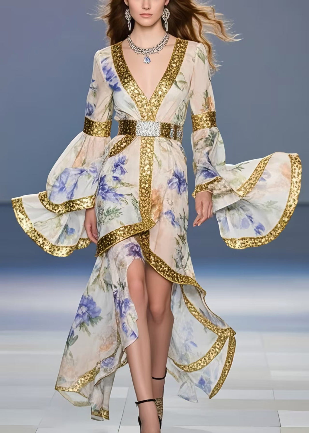 Fine Apricot Print Asymmetrical Design Chiffon Tunic Dresses Flare Sleeve