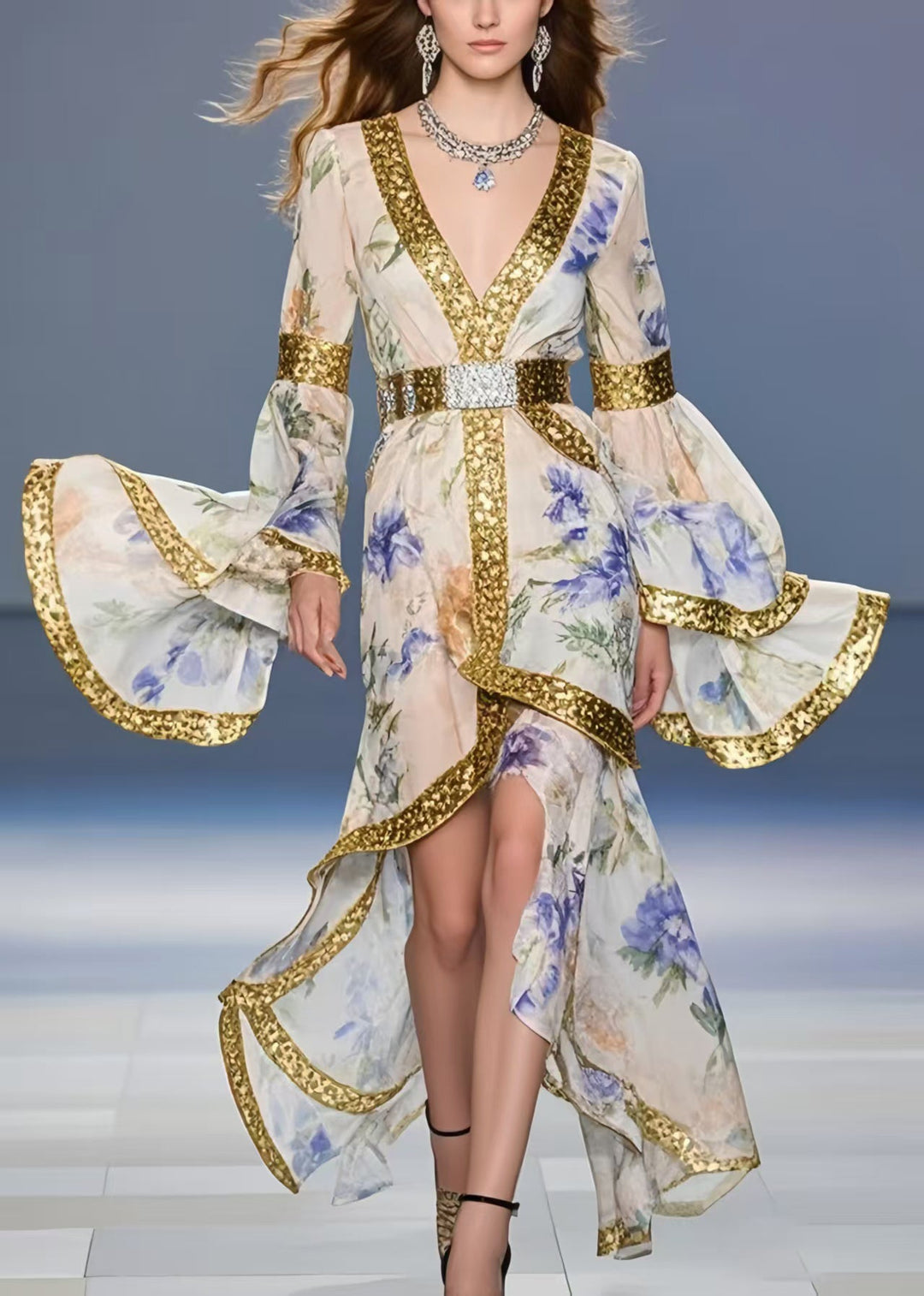 Fine Apricot Print Asymmetrical Design Chiffon Tunic Dresses Flare Sleeve