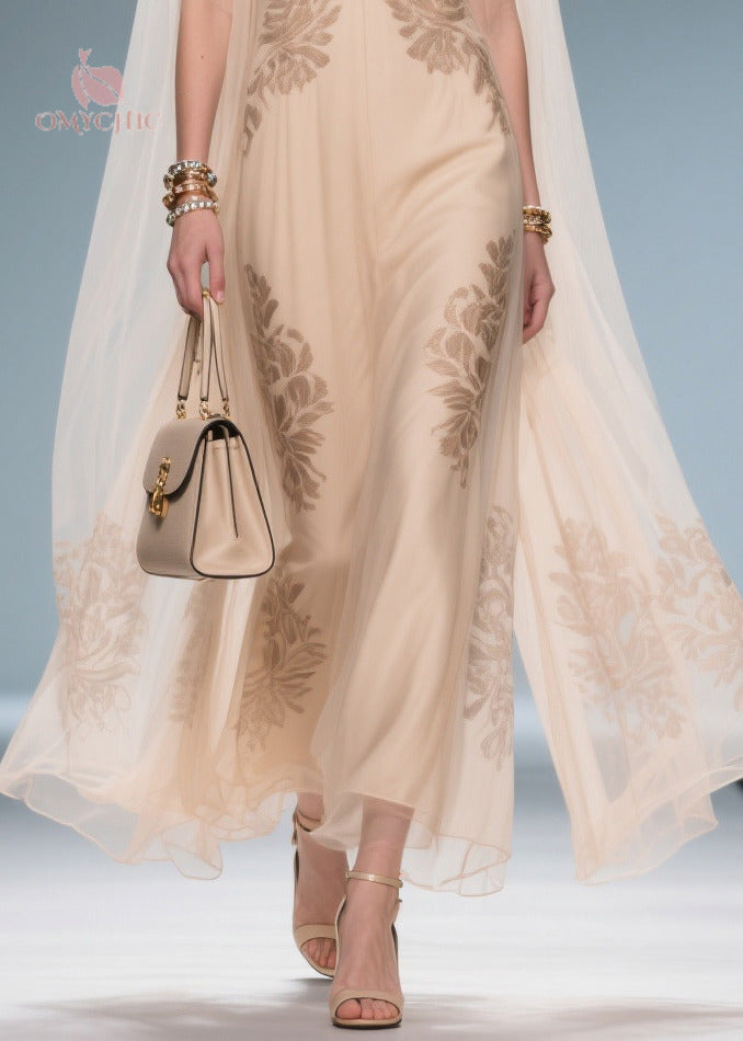 Fine Apricot Print Exra Large Hem Chiffon Party Dress Summer