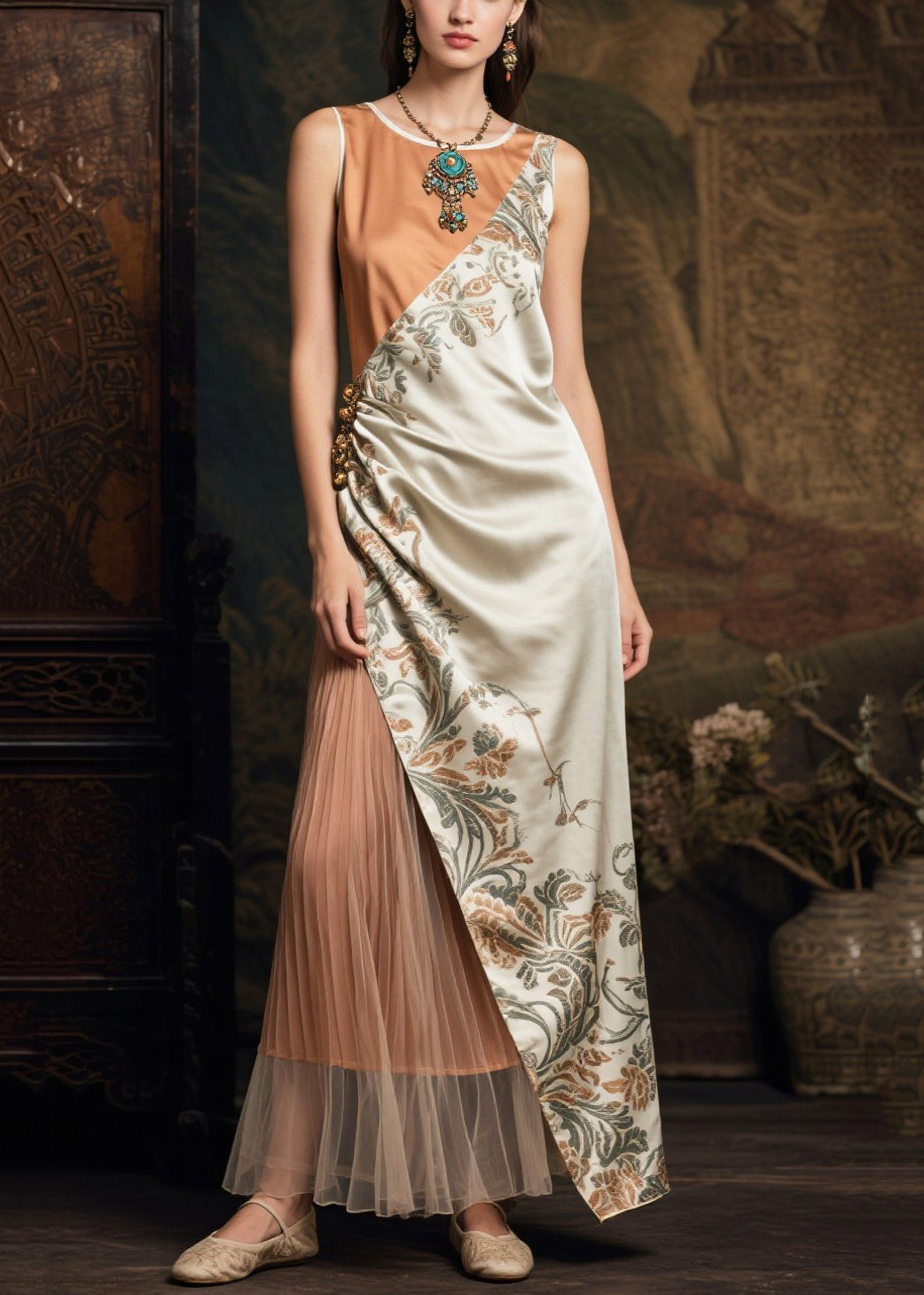 Fine Asymmetrical Patchwork Tulle Silk Long Dresses Sleeveless