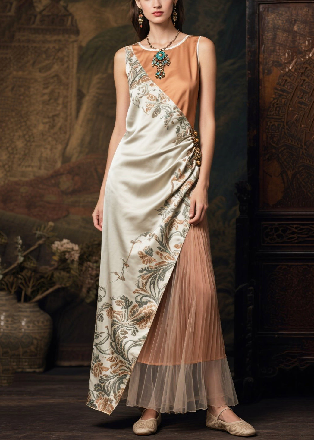Fine Asymmetrical Patchwork Tulle Silk Long Dresses Sleeveless