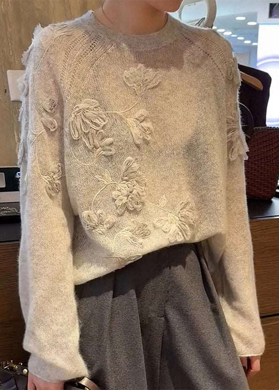 Fine Beige Embroidered Cotton Knit Sweaters Spring