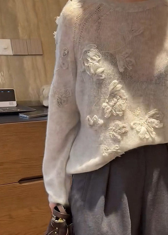 Fine Beige Embroidered Cotton Knit Sweaters Spring