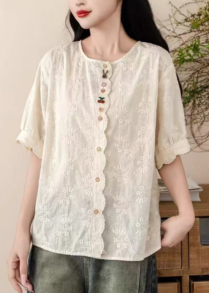 Fine Beige Embroidered Cotton Shirt Tops Summer
