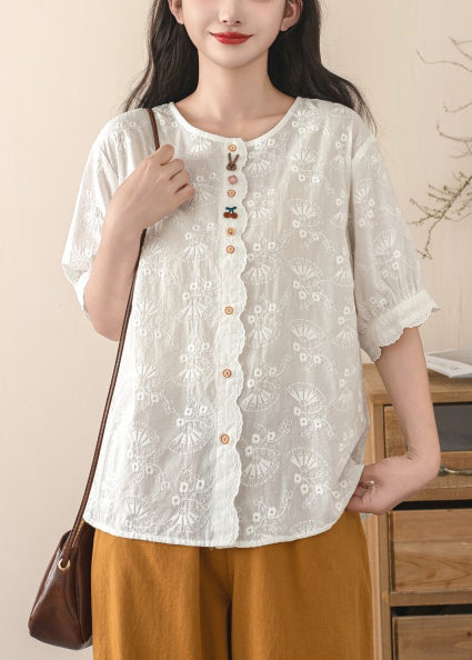 Fine Beige Embroidered Cotton Shirt Tops Summer